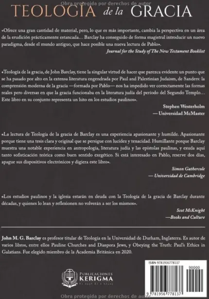 Contraportada de Teología de la Gracia, de John M.G. Barclay