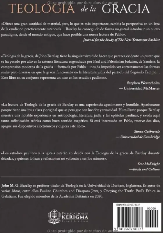 Contraportada de Teología de la Gracia, de John M.G. Barclay