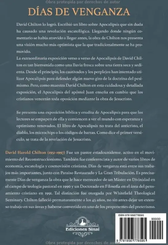 Contraportada de Días de Venganza, Una exposición del libro de Apocalipsis, de David Chilton