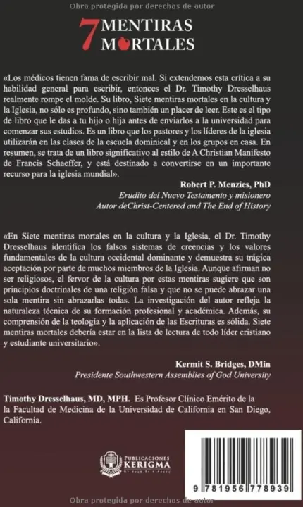 Contraportada de Siete Mentiras Mortales en la Cultura y la Iglesia, de Timothy Dresselhaus MD,MPH