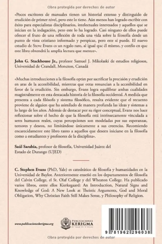 Contraportada de Una historia de la filosofía occidental, de C. Stephen Evans